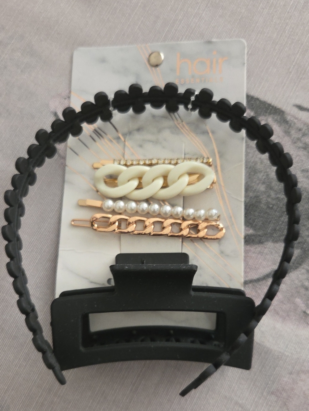 Black Claw Clip with Ivory Chain and Gold Pearl Hair Pins & Head Band New